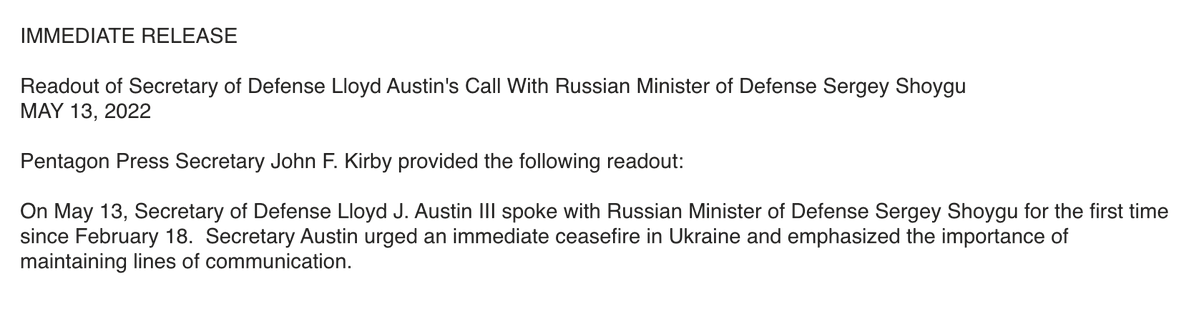 Pentagon readout of US and Russian defense chiefs call today — their first conversation today since Feb. 18, before the invasion of Ukraine