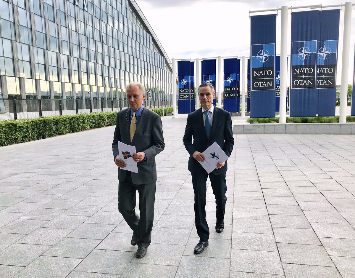 Today, Finland and Sweden hand in letters expressing their countries' interest to apply for NATO membership to SG @jensstoltenberg