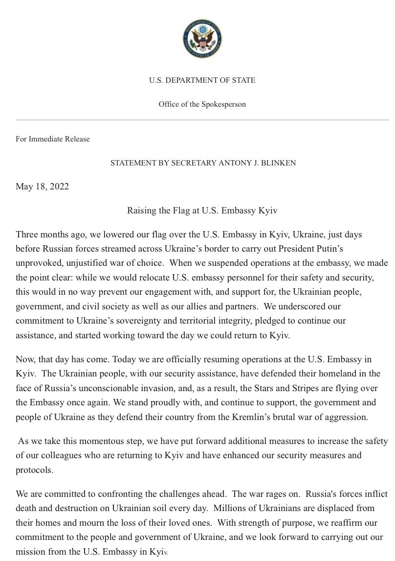 Today we are officially resuming operations at the U.S. Embassy in Kyiv, announces @SecBlinken