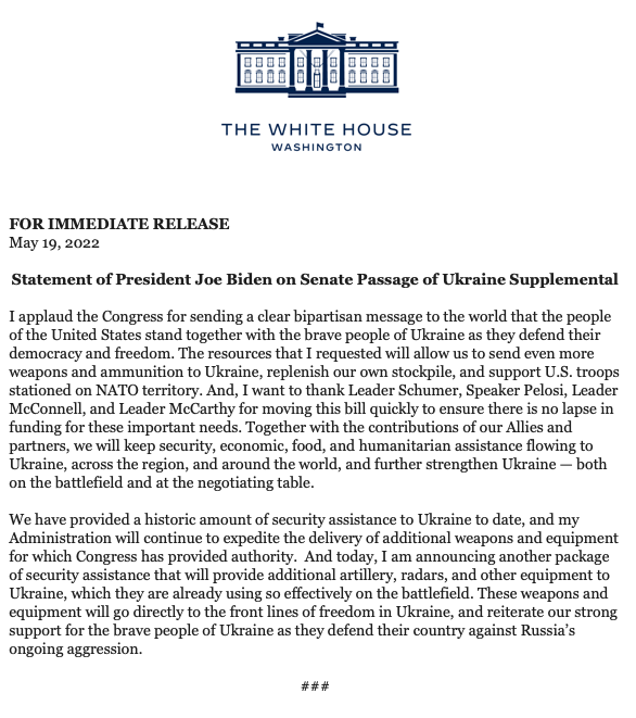 I am announcing another package of security assistance that will provide additional artillery, radars, and other equipment to Ukraine, which they are already using so effectively on the battlefield, says statement from @POTUS on the US Senate's passage of more aid for Ukraine