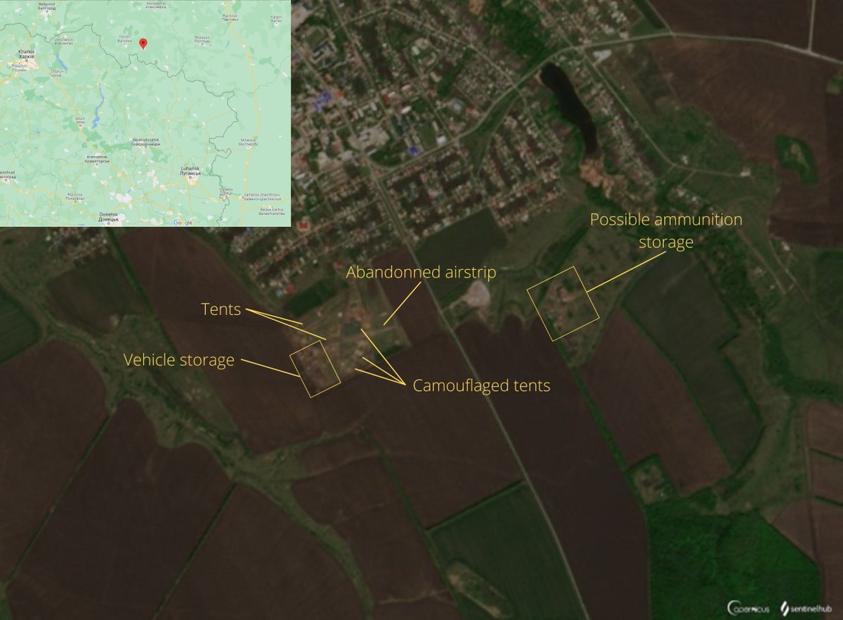 A new large Russian rear base seen on @sentinel_hub imagery near the Ukrainian border in the Belgorod Oblast. This base was setup up between April 5 and 9 on an old airfield in the village of Veydelevka