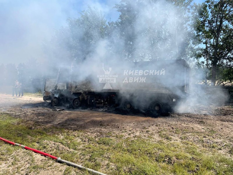 A truck destroyed as result of landmine explosion near Makariv, Kyiv region