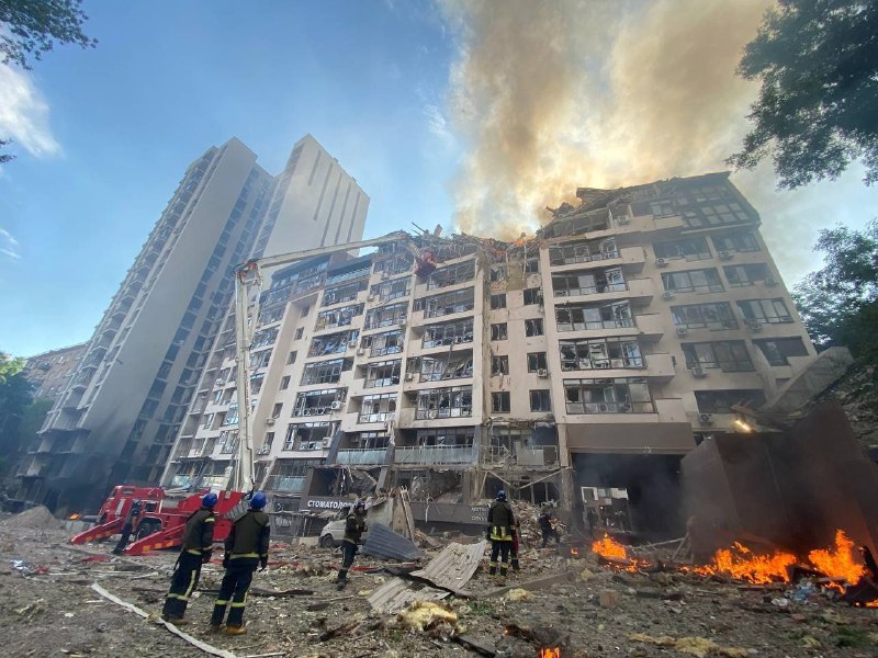 Residential building damaged in Kyiv as result of Russian missile strike. There are casualties, rescue operation ongoing