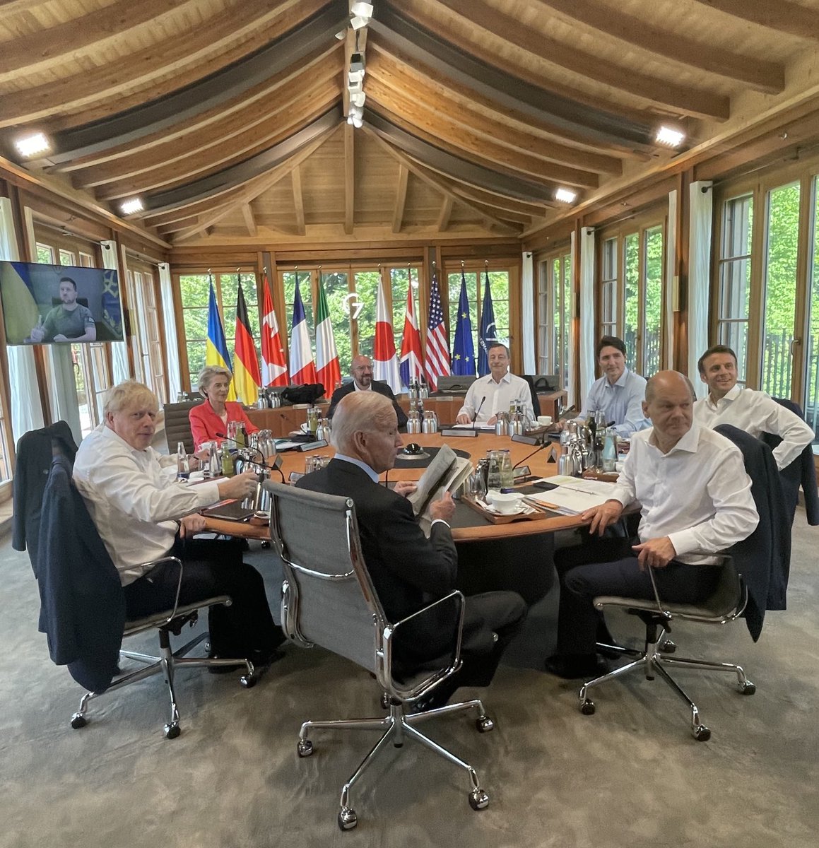 G-7 leaders await a virtual address by ⁦@ZelenskyyUa⁩ at the start of a working session on Ukraine