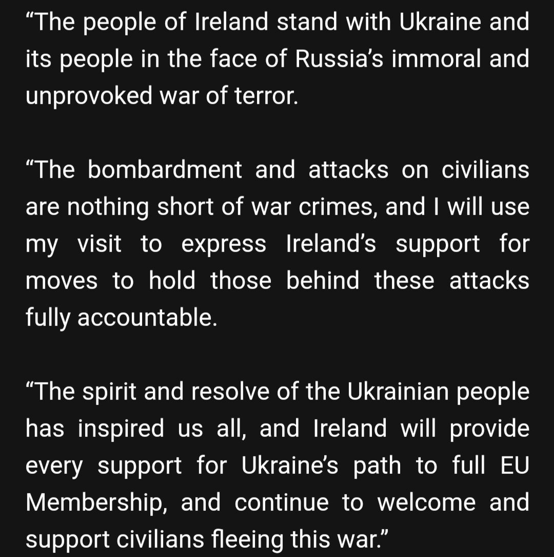 Taoiseach Micheál Martin has arrived in Kyiv, invited by Zelenskiy. He is to visit damaged areas and express support for the prosecution of war crimes. The people of Ireland stand with Ukraine and its people in the face of Russia's immoral and unprovoked war of terror, he said