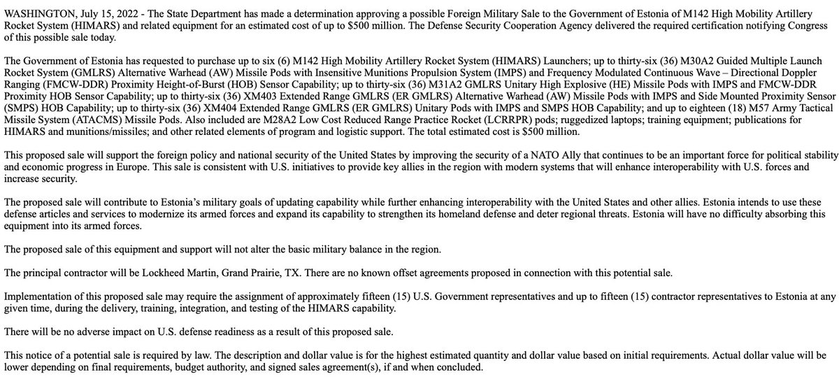 US to sell Estonia the M142 High Mobility Artillery Rocket System (HIMARS) and related equipment for ~$500 million, according to @StateDept
