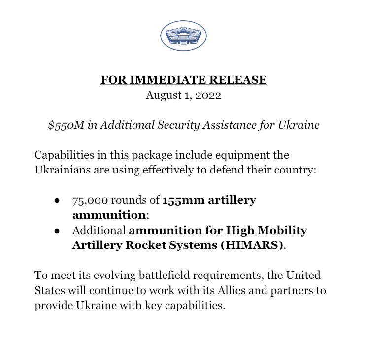 U.S. Defence secretary: The security assistance to Ukraine continues, this time in the form of a $550m package including tens of thousands of rounds of artillery ammunition