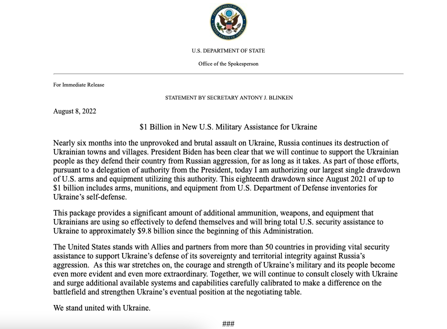 This package provides a significant amount of additional ammunition, weapons, and equipment that Ukrainians are using so effectively to defend themselves, says @SecBlinken in a statement