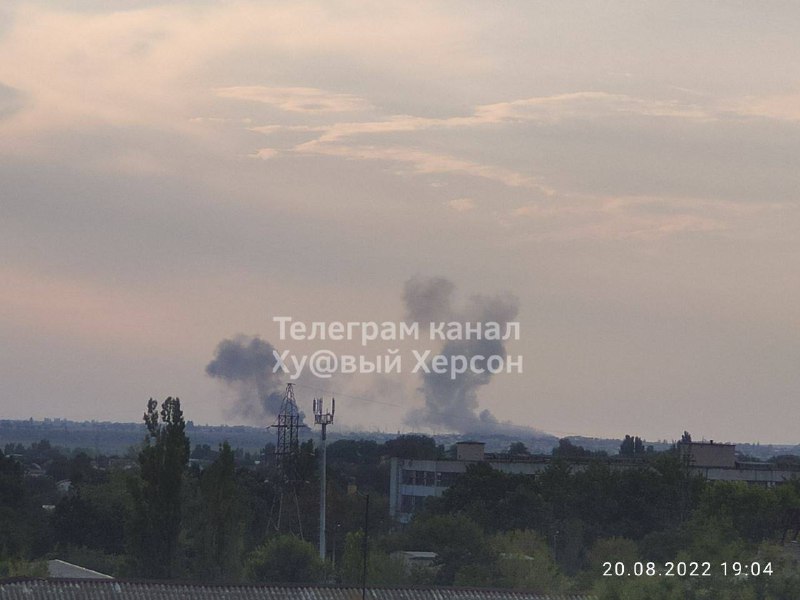 Smoke rising after explosions near Chornobaivka west to Kherson city