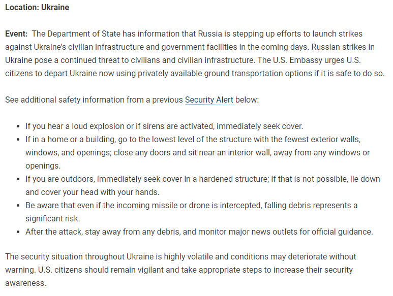 Security Alert – U.S. Embassy Kyiv, Aug. 23: The Department of State has information that Russia is stepping up efforts to launch strikes against Ukraine's civilian infrastructure and government facilities in the coming days