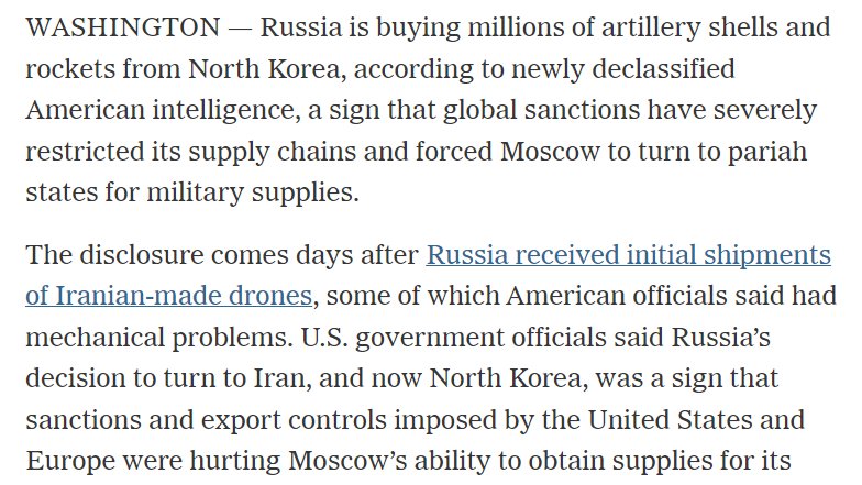 New York Times: Russia is buying millions of artillery shells and rockets from North Korea, according to newly declassified American intelligence,