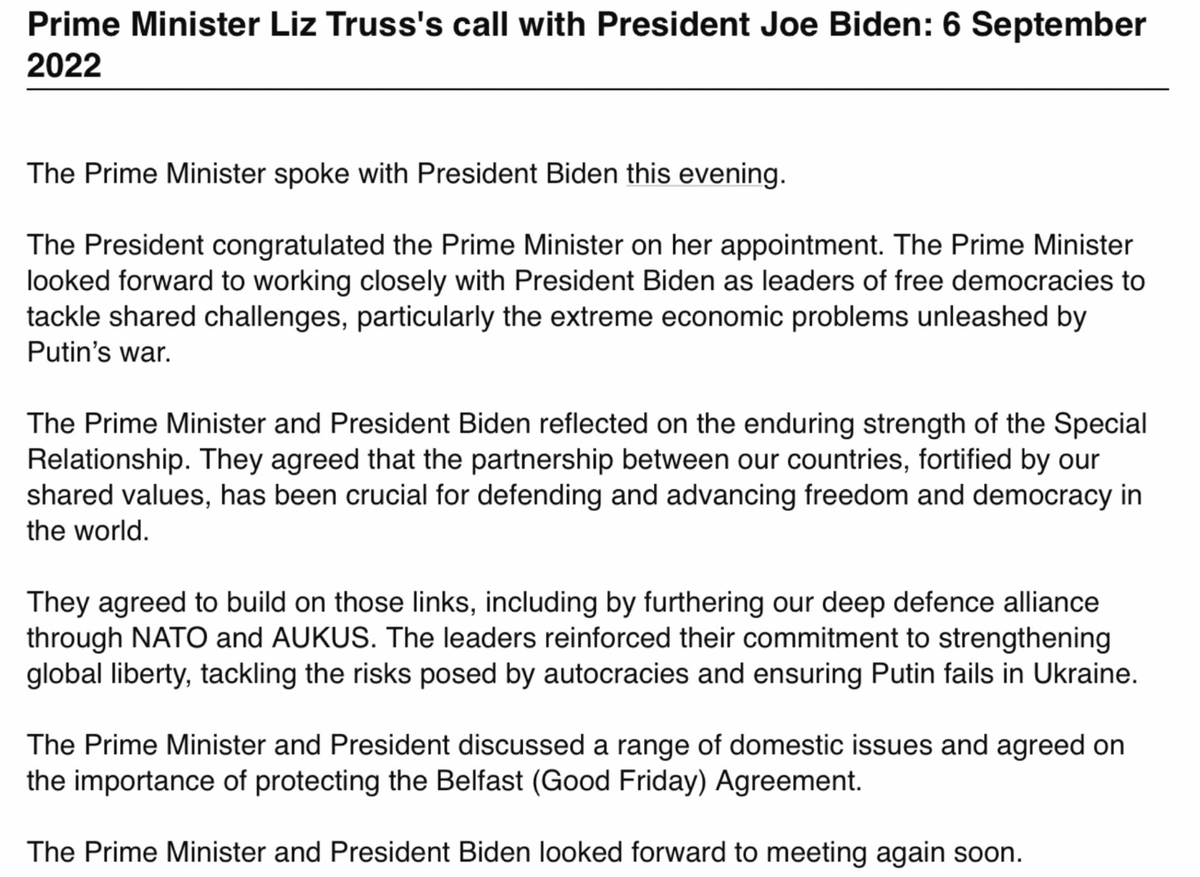 Here's the @10DowningStreet readout of the call between Liz Truss and Biden. No readout yet from the @WhiteHouse