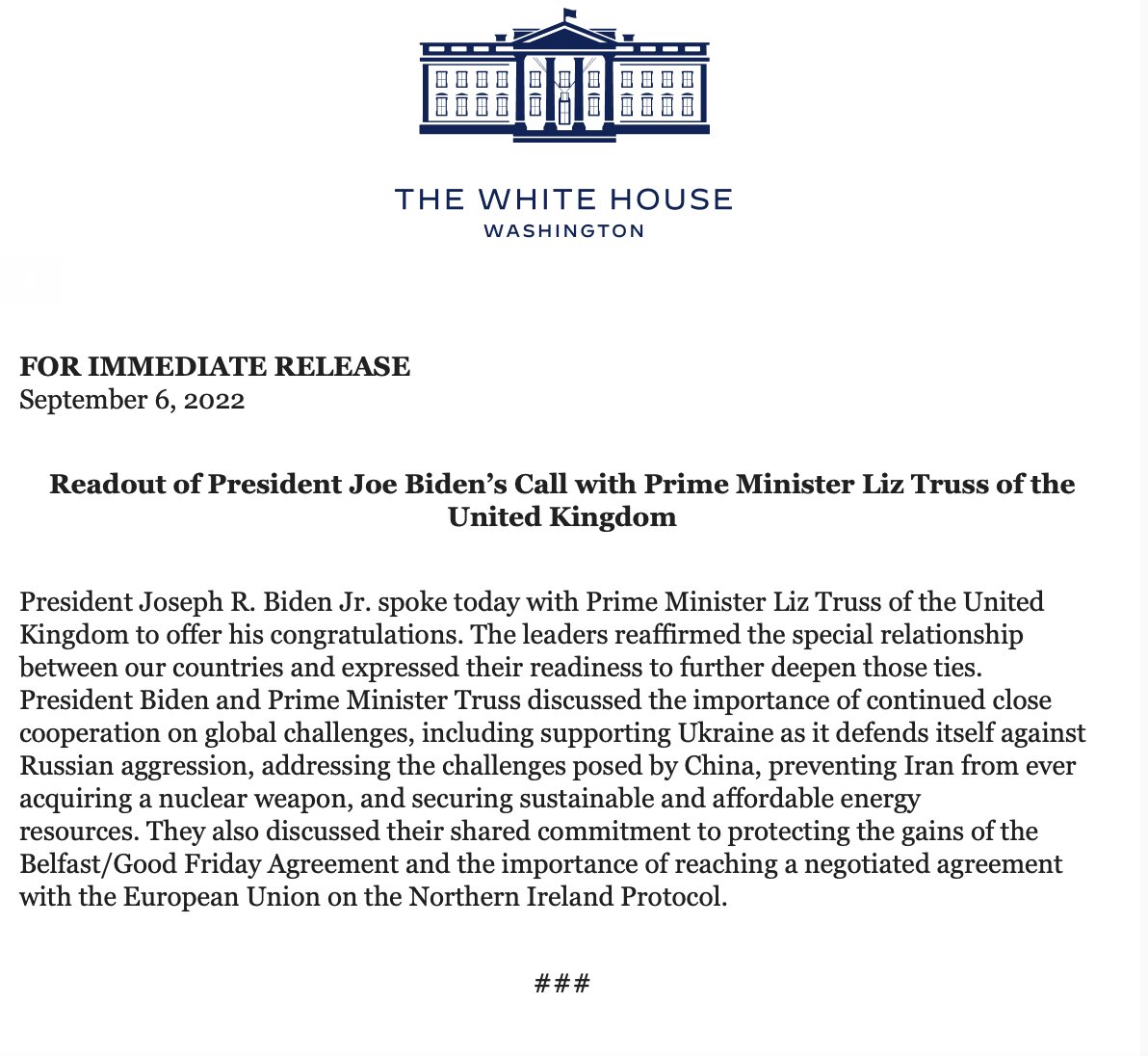 Readout of call between @POTUS and @trussliz today, with Iran featuring in the discussions