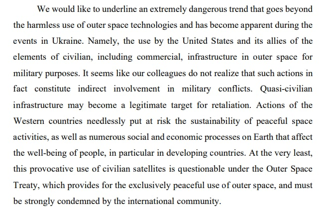 Statement from Russia at UN on satellite use: Quasi-civilian infrastructure may become a legitimate target for retaliation.  It's clear that Starlink has become an important part of Ukraine's command, control and communication system in parts of the country