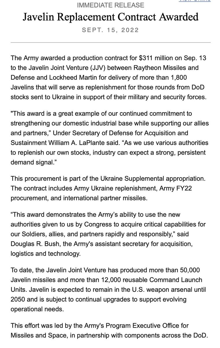 @USArmy awards $311 million contract for +1,800 Javelin missiles as replenishment for those rounds from DoD stocks sent to Ukraine in support of their military   The contract is part of Ukraine Supplemental appropriation