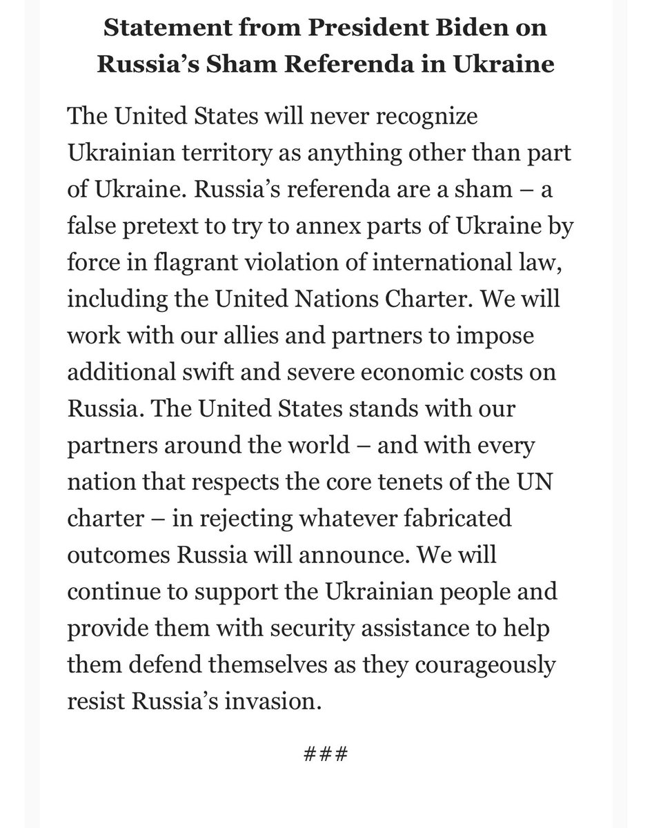 US will never recognize Ukrainian territory as anything other than part of Ukraine, says @POTUS in a statement