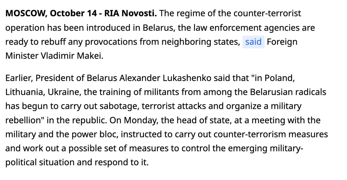 The counter terrorist operation mode was introduced in Belarus after reports of planned provocations by a number of neighboring states, the Foreign Minister said