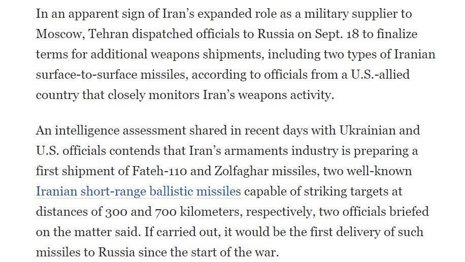 An intelligence assessment shared in recent days with Ukrainian and U.S. officials contends that Iran's armaments industry is preparing a first shipment of Fateh-110 and Zolfaghar missiles, two well-known Iranian short-range ballistic missiles to Russia
