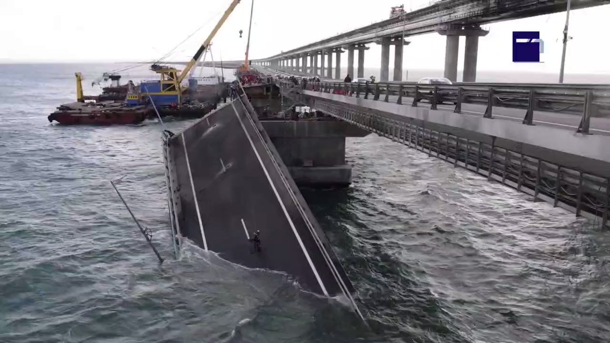 New video showing the ongoing repair work on the Crimea Bridge. Currently they are disassembling the spans that did not collapse into the water.  The two completely collapsed spans are still in place where they fell
