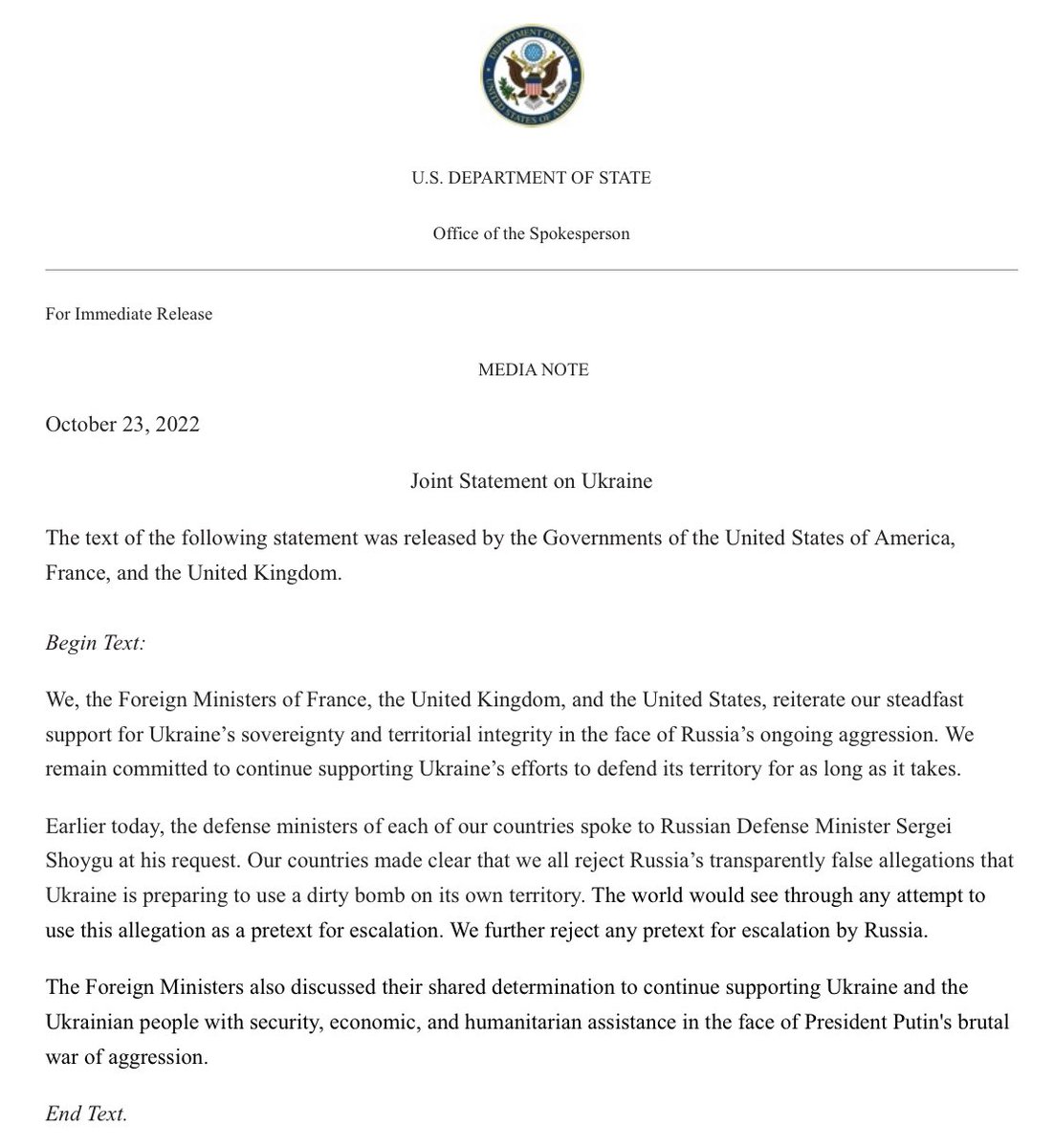Joint France,US,UK statement issued on Ukraine-Russia War️