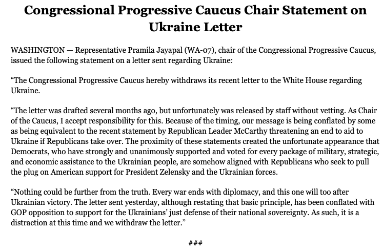 The Congressional Progressive Caucus hereby withdraws its recent letter to the White House regarding Ukraine