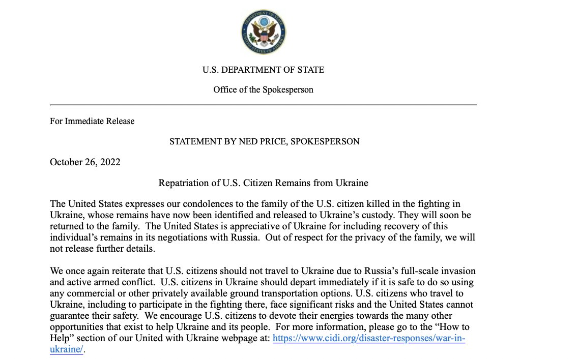 US appreciative of Ukraine for including recovery of an individual's remains in its negotiations with Russia, says @StateDeptSpox. Out of respect for the privacy of the family, we will not release further details
