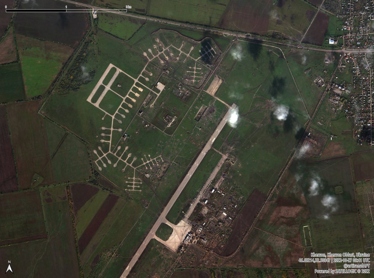 The Kherson airport near Chornobaivka is quiet tonight. Imagery from Oct 27 shows that nearly all vehicles have been removed, leaving just scars in the form of mud trails and vehicle revetments