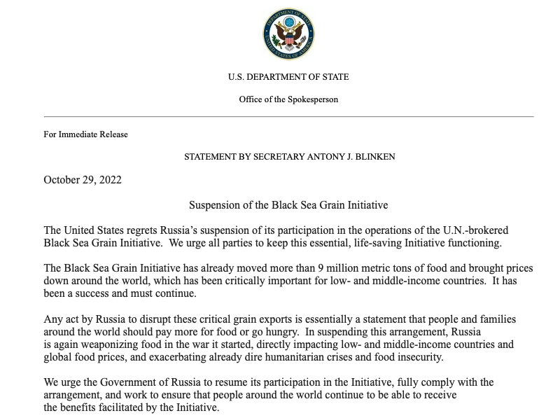 US regrets Russia's suspension of its participation in the operations of the U.N.-brokered Black Sea Grain Initiative, says @SecBlinken in a statement