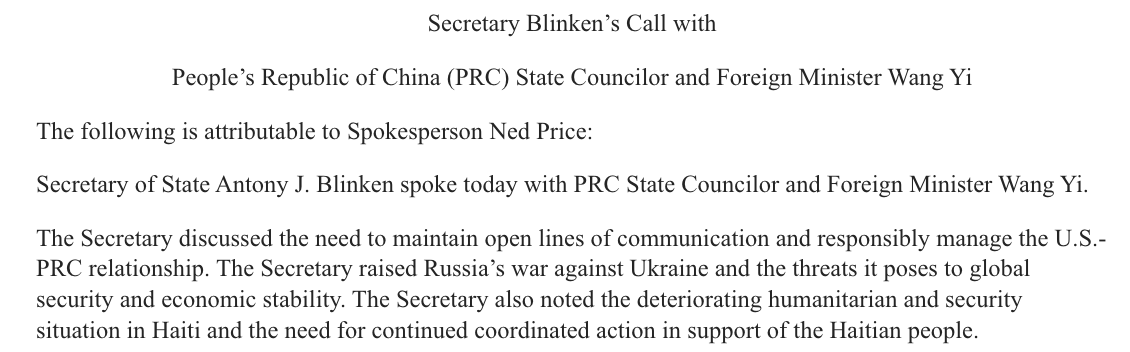 Secretary Blinken Spoke with PRC FM Wang Yi, repeated the need to maintain open lines of communication. Ukraine and Haiti were among the topics discussed