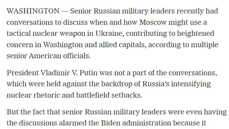NY Times: Senior Russian military leaders recently had conversations to discuss when and how Moscow might use a tactical nuclear weapon in Ukraine, contributing to heightened concern in Washington and allied capitals, according to multiple senior American officials