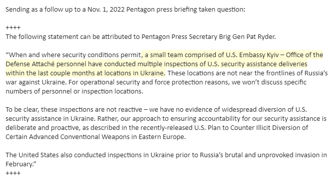 Pentagon acknowledges a small team of US personnel has for months conducted weapons inspections throughout Ukraine, though not near the frontlines.  Says no evidence of widespread diversion, inspections consistent with  US activity in Ukraine before Russia's invasion