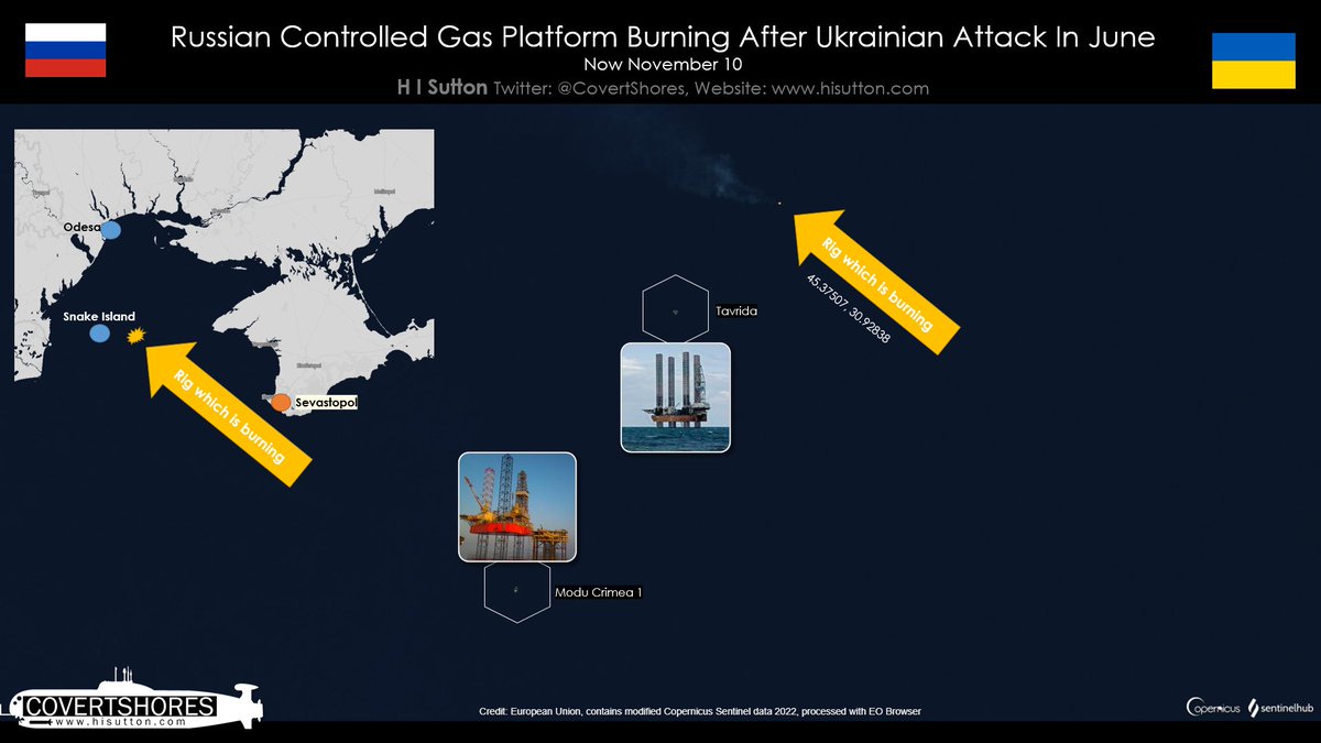 A gas platform which Ukraine attacked in June, is still burning