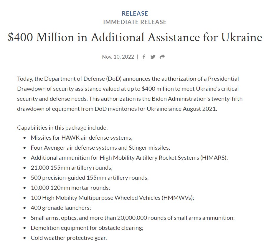 New US aid package for Ukraine:  Missiles for HAWK air defense systems; Four Avenger air defense systems and Stinger missiles; Additional ammunition for High Mobility Artillery Rocket Systems (HIMARS); 21,000 155mm artillery rounds