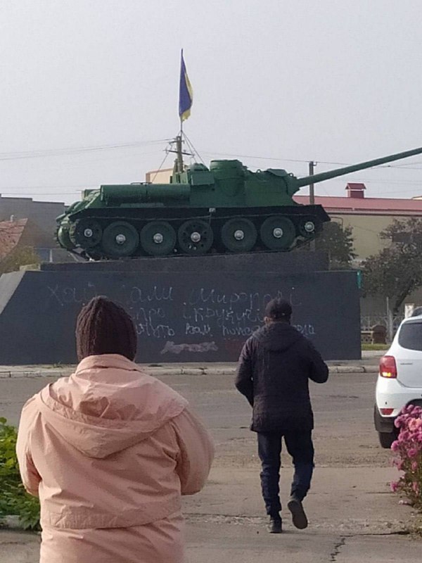 Local population removing Russian flags and raising Ukrainian flags in Bilozerka of Kherson region