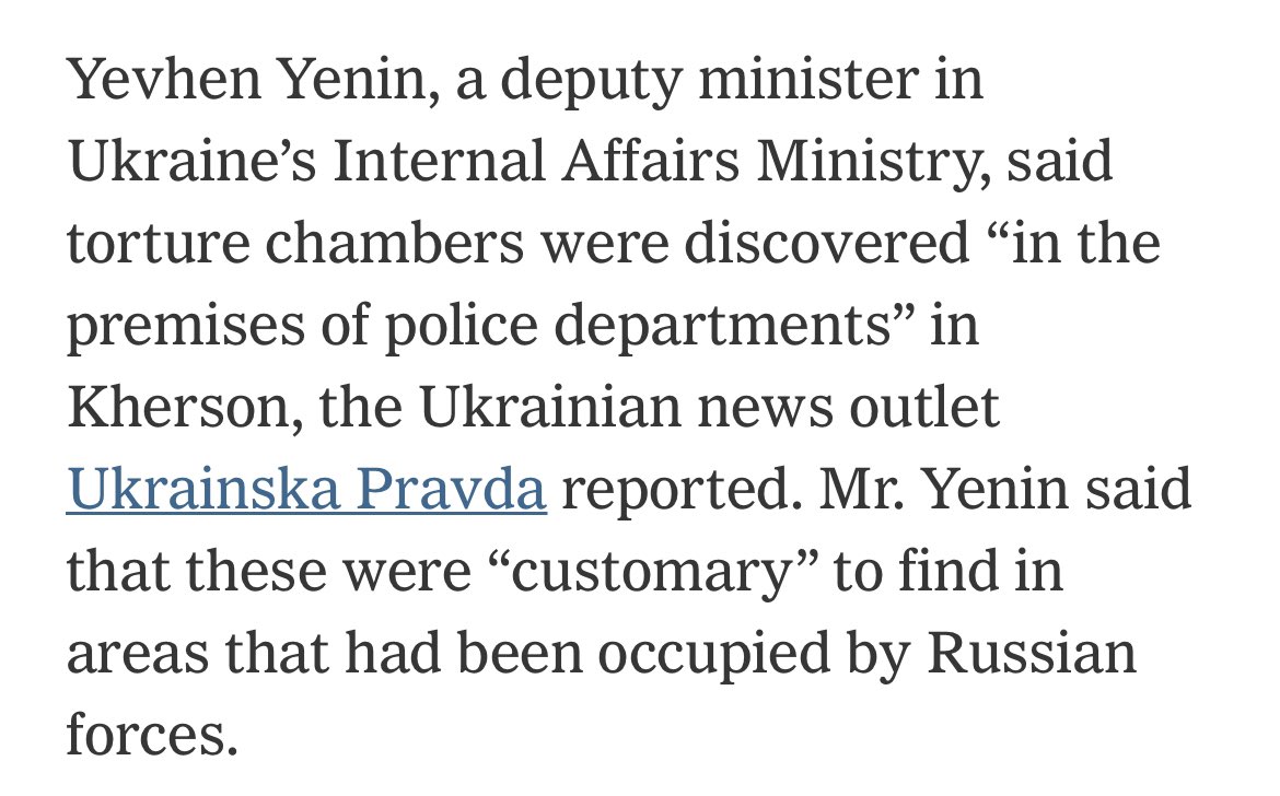 Yevhen Yenin, a deputy minister in Ukraine's Internal Affairs Ministry, said torture chambers were discovered in the premises of police departments in Kherson