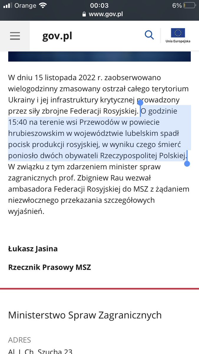 Poland's MFA says a Russian-made missile fell in Przewodow.  Russian ambassador summoned to the Polish MFA