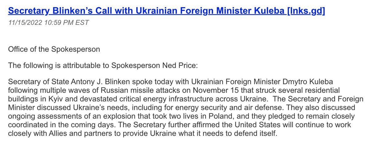 Readout of Blinken's call with  Ukrainian Foreign Minister