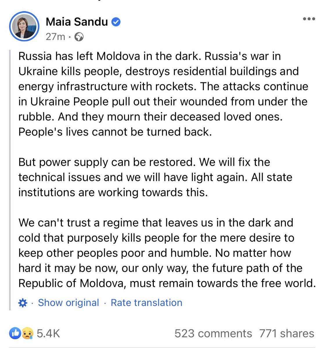 Moldova's president lashes out at Russia for the cruise missile attacks that knocked out her country's electricity networks