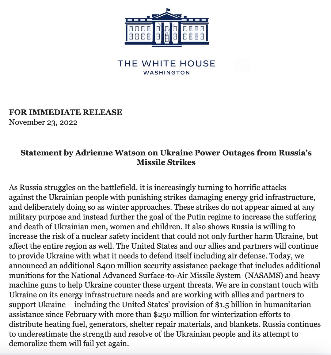 White House NSC Statement on Ukraine Power Outages from Russia's Missile Strikes