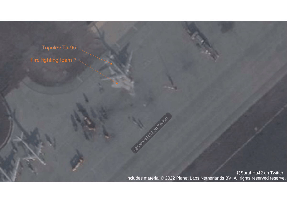 Satellite image of Engels AirBase taken this morning.  Fire-fighting foam visible under one of the Tu-95s