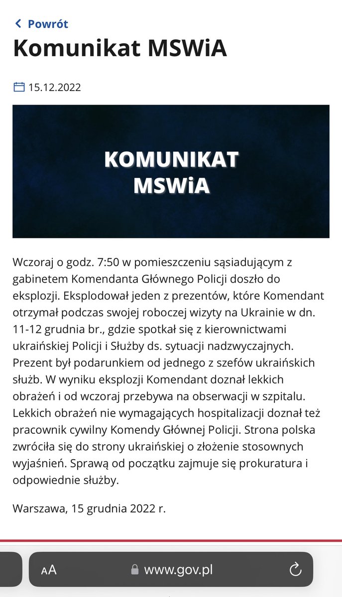 Polish Ministry of Interior and Administration of Poland on explosion at police commissariat in Warsaw: One of the gifts exploded