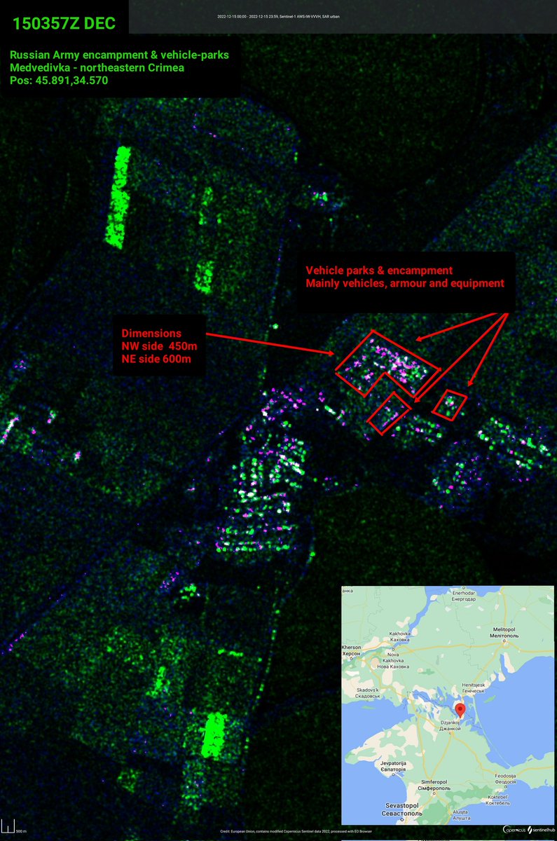 Sentinel-1 SAR-imagery of Medvedivka - NE Crimea this morning shows that significant quantities of equipment remains parked there, likely several battalions worth.   Equipment began to accumulate here in September, and this is possibly a Russian reserves rally area
