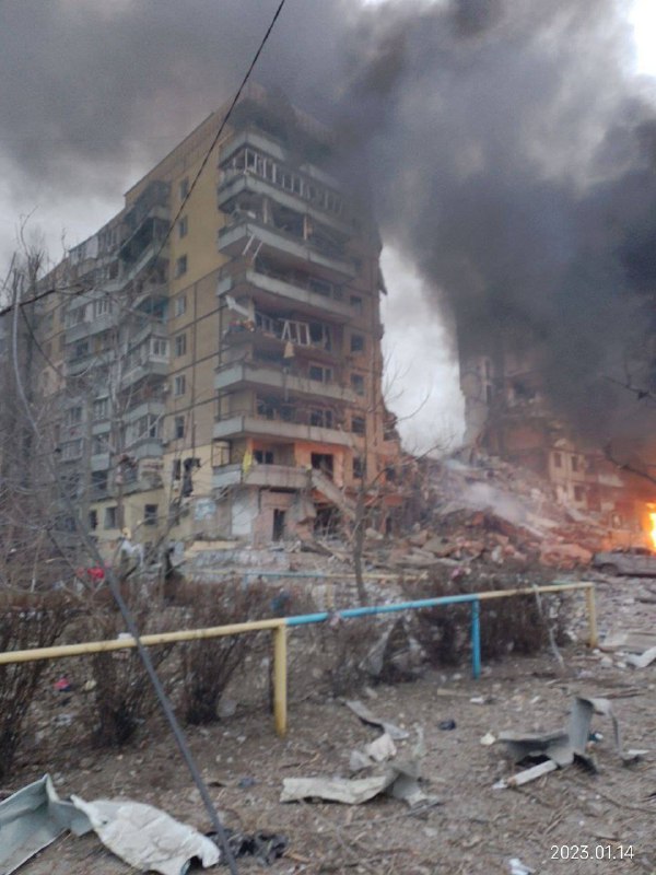 Missile hit residential apartment block in Dnipro city. The building has partially collapsed
