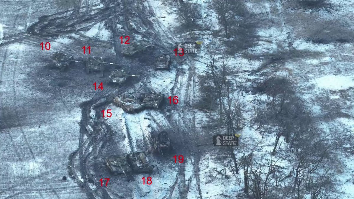 At least 31 vehicles lost - the aftermath of the Russian attack on Vuhledar, Donetsk Oblast.  13 Russian tanks (mostly T-72B3), 12 BMP-1/BMP-2 infantry fighting vehicles, 2 MT-LB, an IMR combat engineering vehicle and others were destroyed or damaged and abandoned