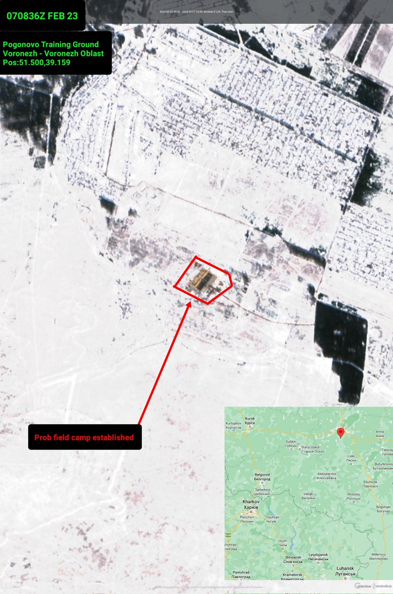 Sentinel imagery shows that a probable field camp has been established at the Pogonovo Training Ground near Voronezh.  Optical imagery from February 7th.  Looking at the SAR imagery, activity began in late January