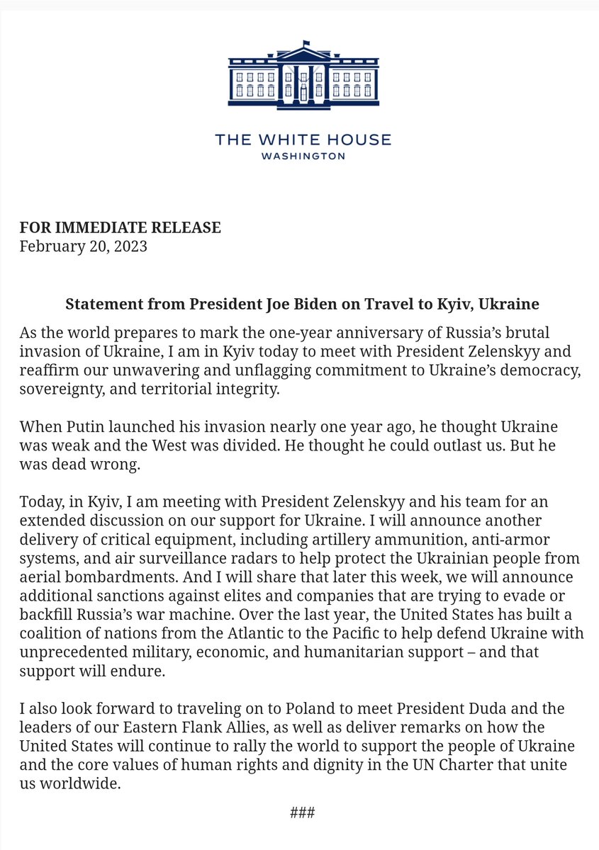 Statement from President Joe Biden on Travel to Kyiv, Ukraine