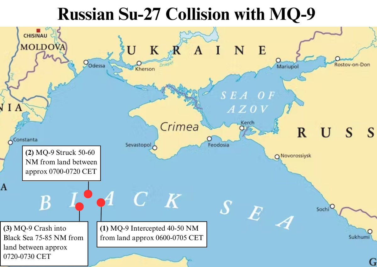 The graphic below depicts approximations of the locations and times of the @usairforce MQ-9 Reaper collision and crash into the Black Sea. The video released earlier today by @US_EUCOM occurs at the middle plot point on the timeline