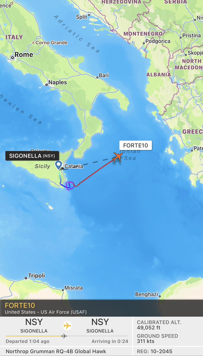 U.S. Air Force RQ-4B Global Hawk FORTE10 has taken off from Naval Air Station Sigonella in Southern Italy heading towards the Black Sea in what is likely the First Surveillance Flight over the Sea since the Crash of the MQ-9 Surveillance Drone near Crimea on Tuesday