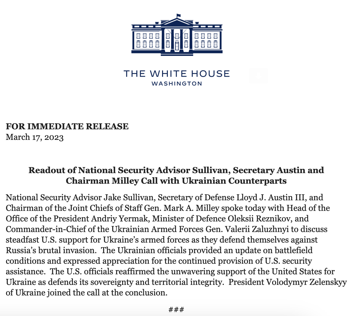 NSC Sullivan, @SecDef Austin and Chairman Milley spoke with Ukrainian Counterparts.  President @ZelenskyyUa joined the call at the conclusion, per White House