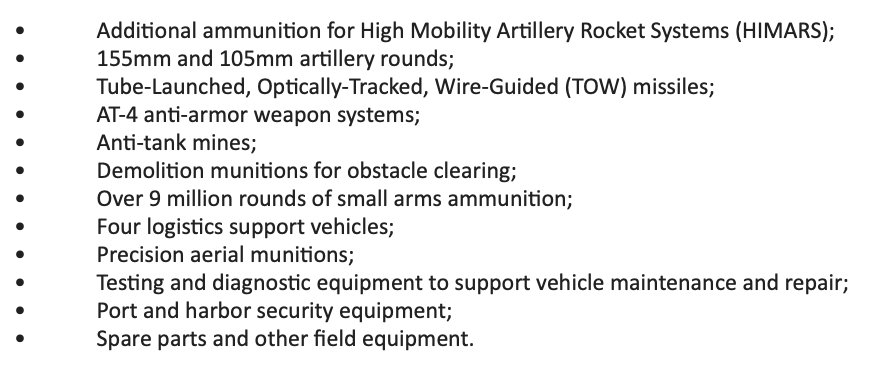 US announces new security assistance for Ukraine - worth up to $325 million. Aid includes more HIMARS, artillery rounds, anti-armor capabilities and more, to be pulled from existing US stocks